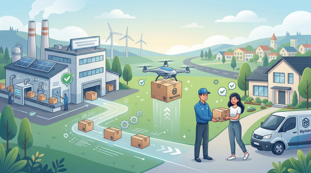 Illustration showing efficient product delivery from factory to customer using technology and streamlined supply chain to reduce costs.